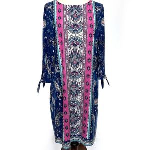 Chicos Sz 2 Straight Dress Womens 12 Blue Pink Design Stretchy 3/4 Sleeves Lined